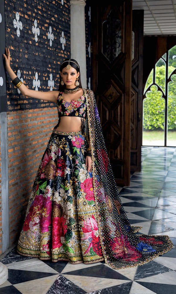 Black Sequin Lehnga Choli with Floral Appliqué (3-Piece) - Image 4