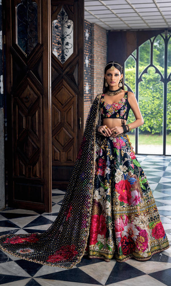 Black Sequin Lehnga Choli with Floral Appliqué (3-Piece) - Image 5