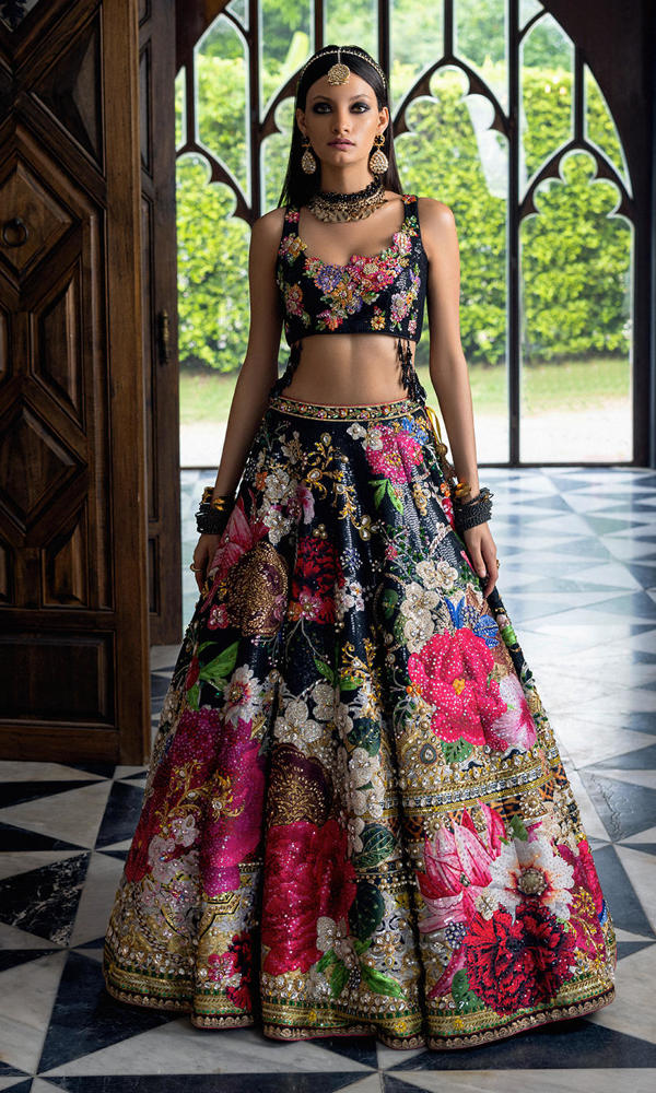 Black Sequin Lehnga Choli with Floral Appliqué (3-Piece) - Image 6