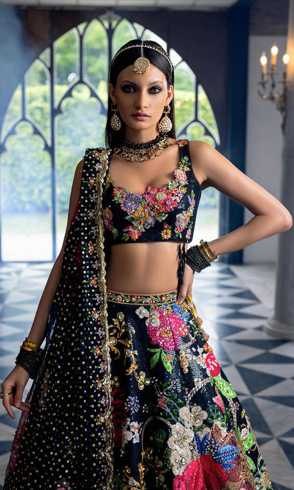Black Sequin Lehnga Choli with Floral Appliqué (3-Piece) - Image 8