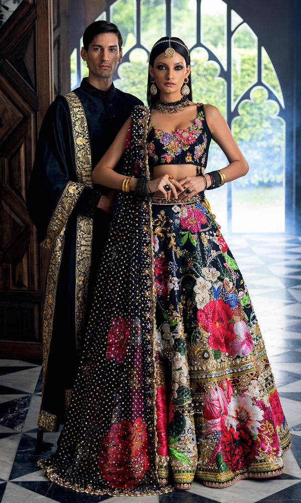 Black Sequin Lehnga Choli with Floral Appliqué (3-Piece) - Image 9