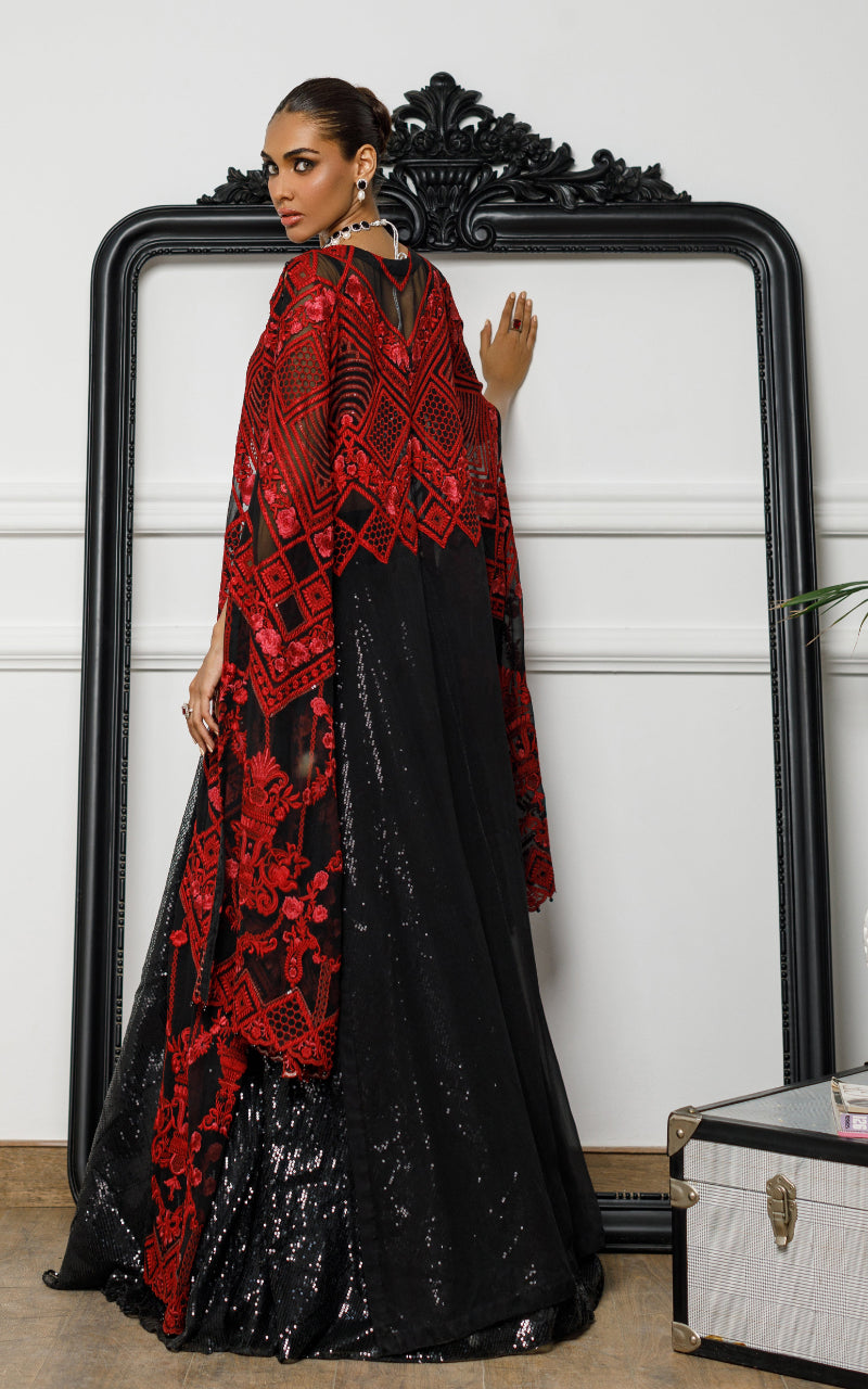 Black & Red Embroidered Chiffon Jacket Lehenga (3-Piece) - Image 2