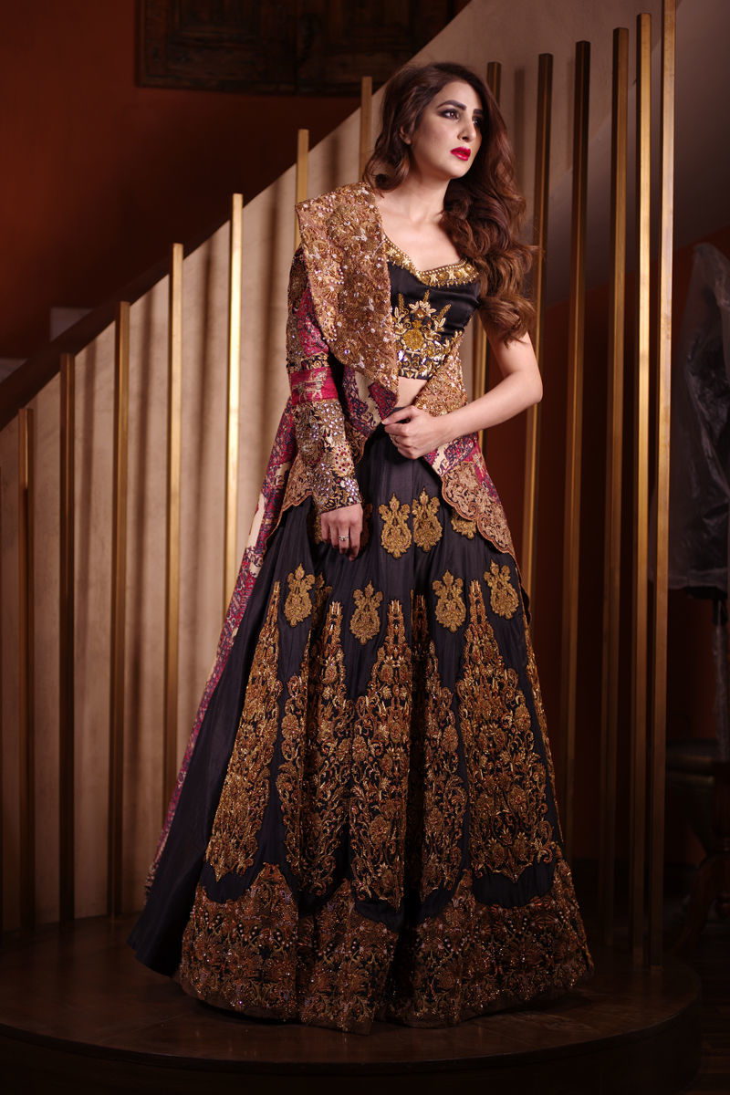 Pakistani Black Mughal Embroidered Sheesha Silk Lehenga Choli (3-Piece) - Image 1