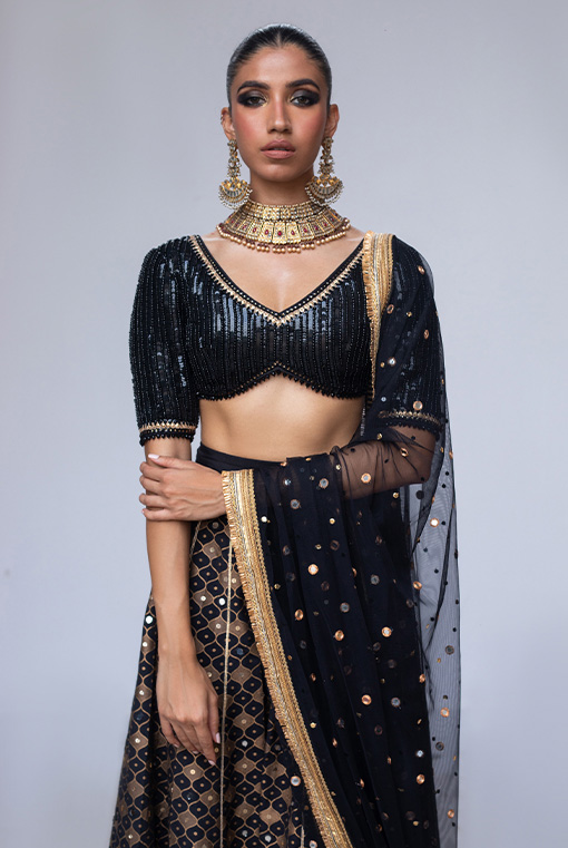 Black Hand-Embroidered Beaded & Mirrorwork Lehenga (3-Piece) - Image 2
