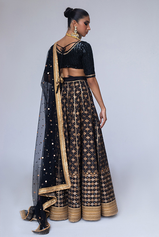 Black Hand-Embroidered Beaded & Mirrorwork Lehenga (3-Piece) - Image 3