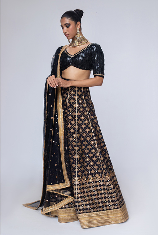 Black Hand-Embroidered Beaded & Mirrorwork Lehenga (3-Piece) - Image 4
