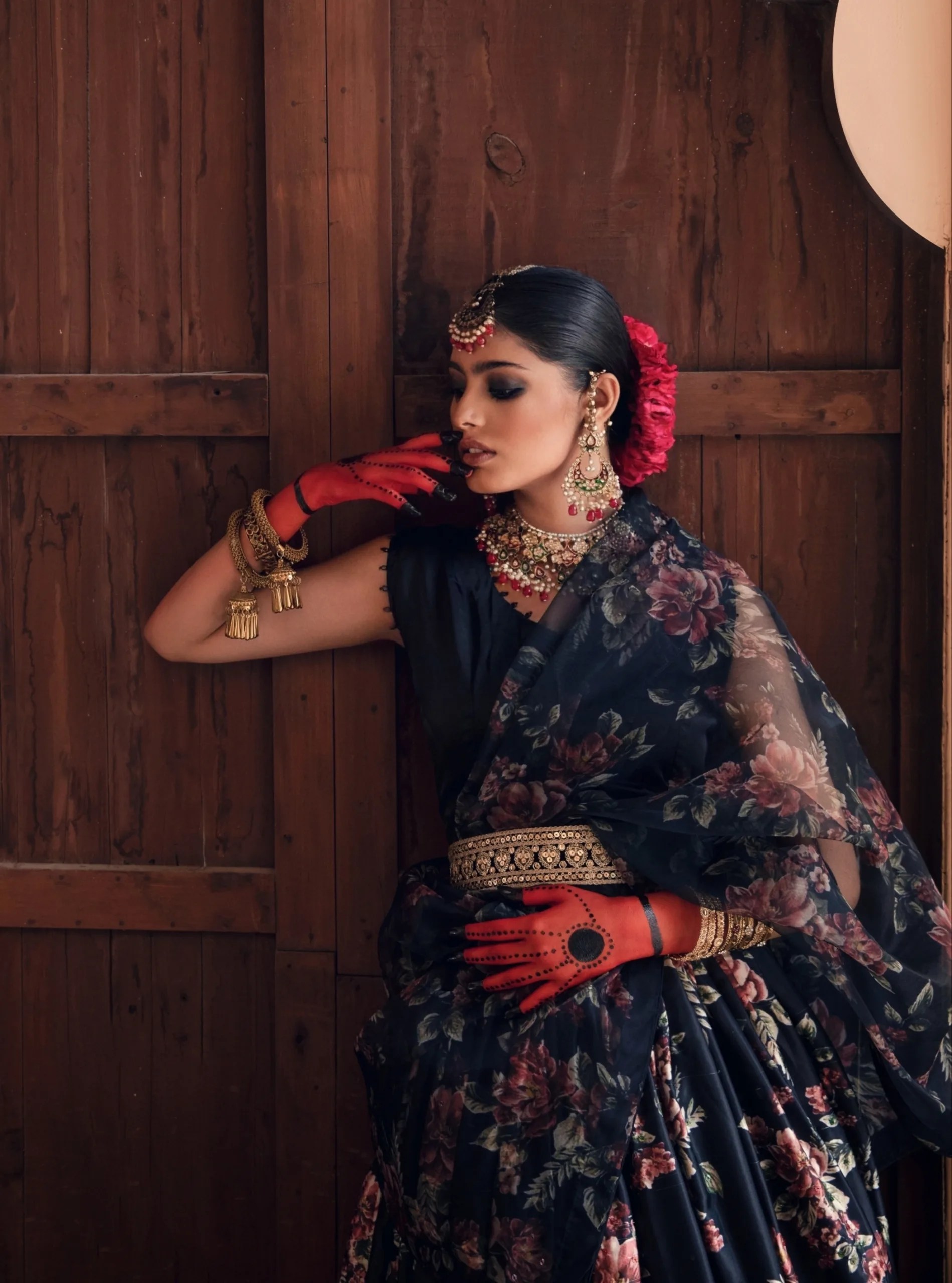 Pakistani Black Floral Printed Satin-Silk Lehenga Gown (3-Piece) - Image 1