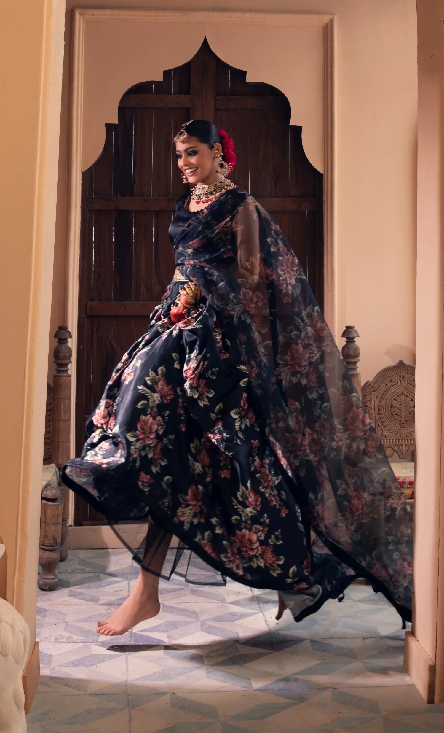 Pakistani Black Floral Printed Satin-Silk Lehenga Gown (3-Piece) - Image 2