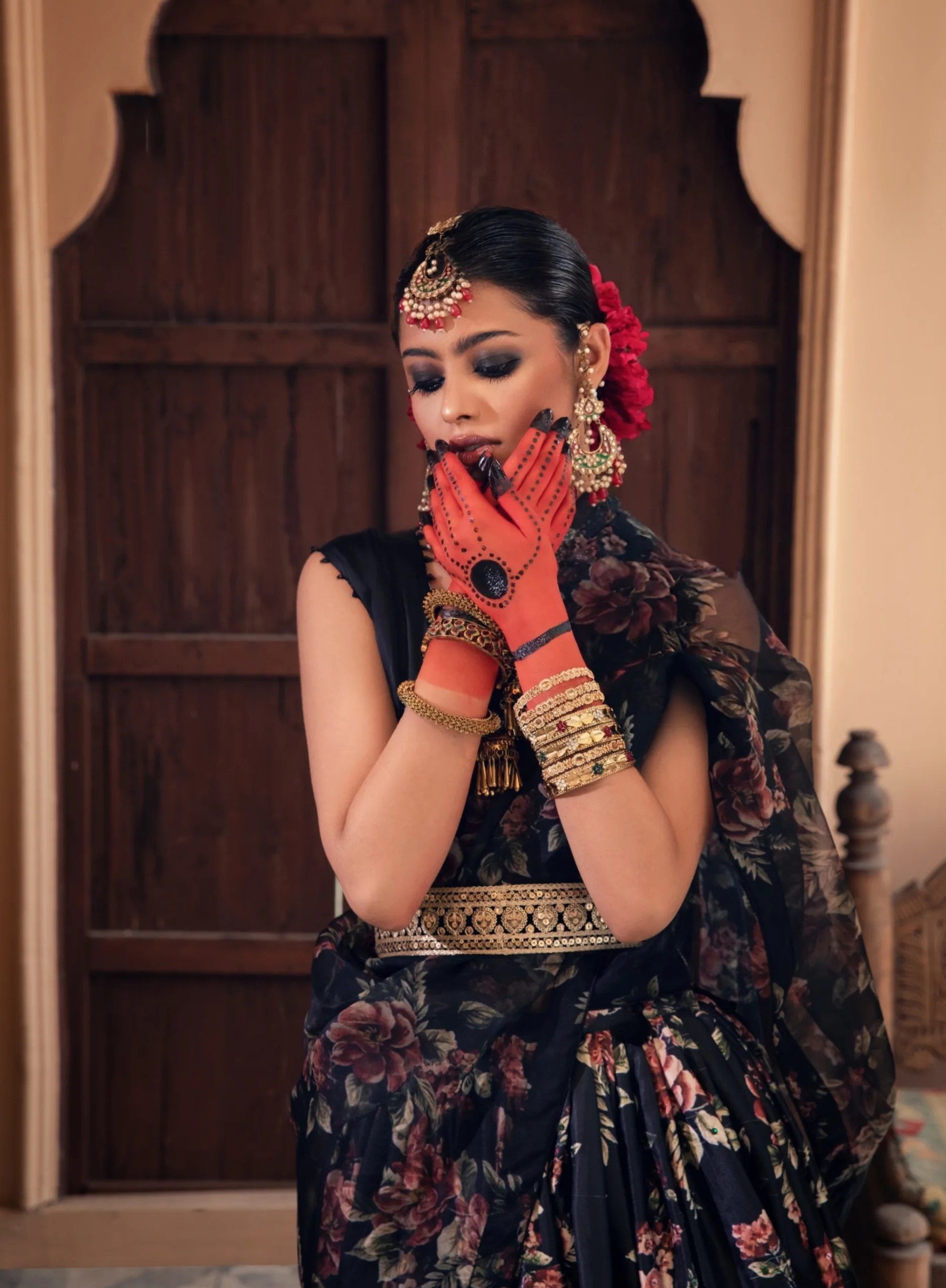 Pakistani Black Floral Printed Satin-Silk Lehenga Gown (3-Piece) - Image 3