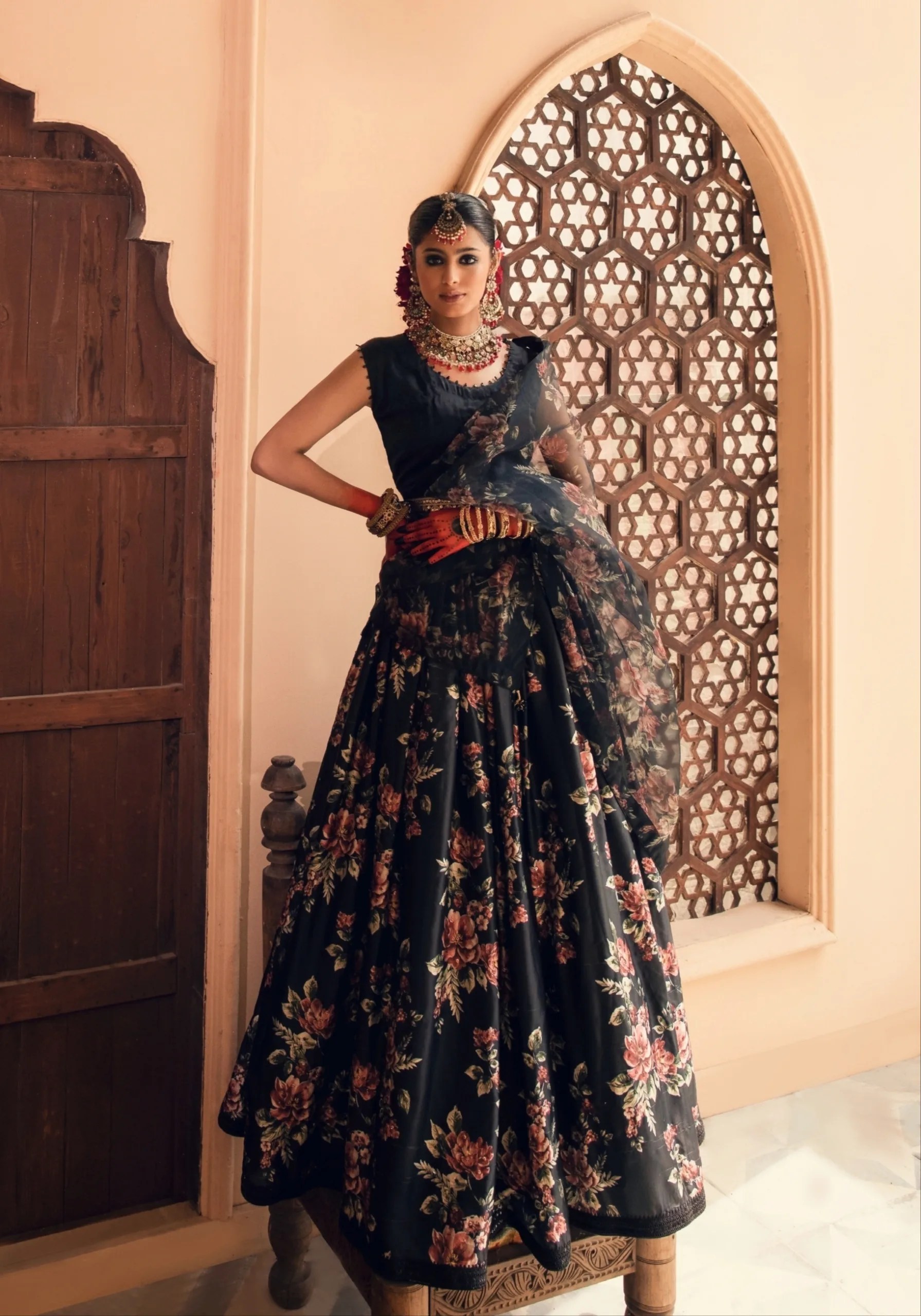 Pakistani Black Floral Printed Satin-Silk Lehenga Gown (3-Piece) - Image 4