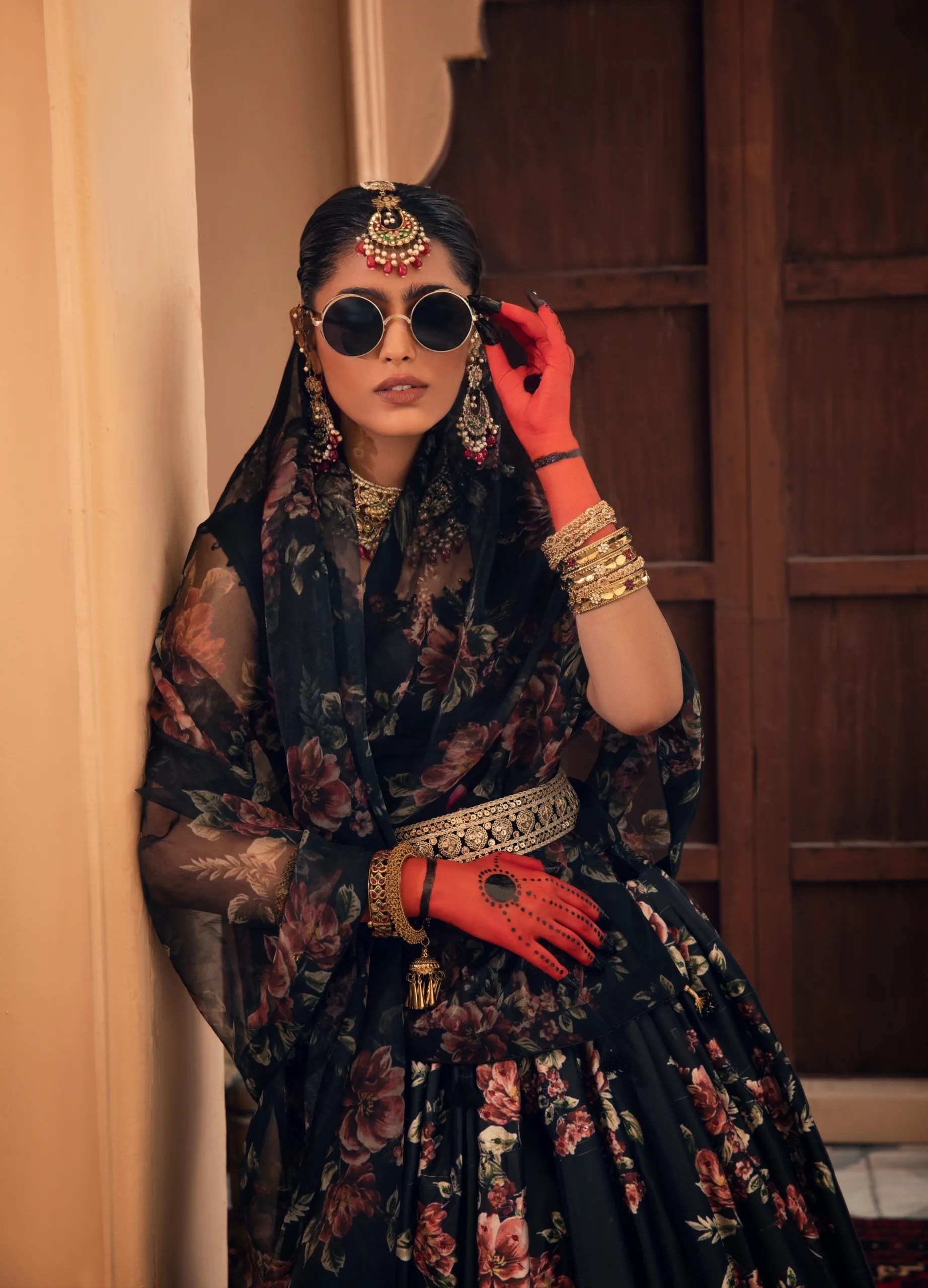 Pakistani Black Floral Printed Satin-Silk Lehenga Gown (3-Piece) - Image 5