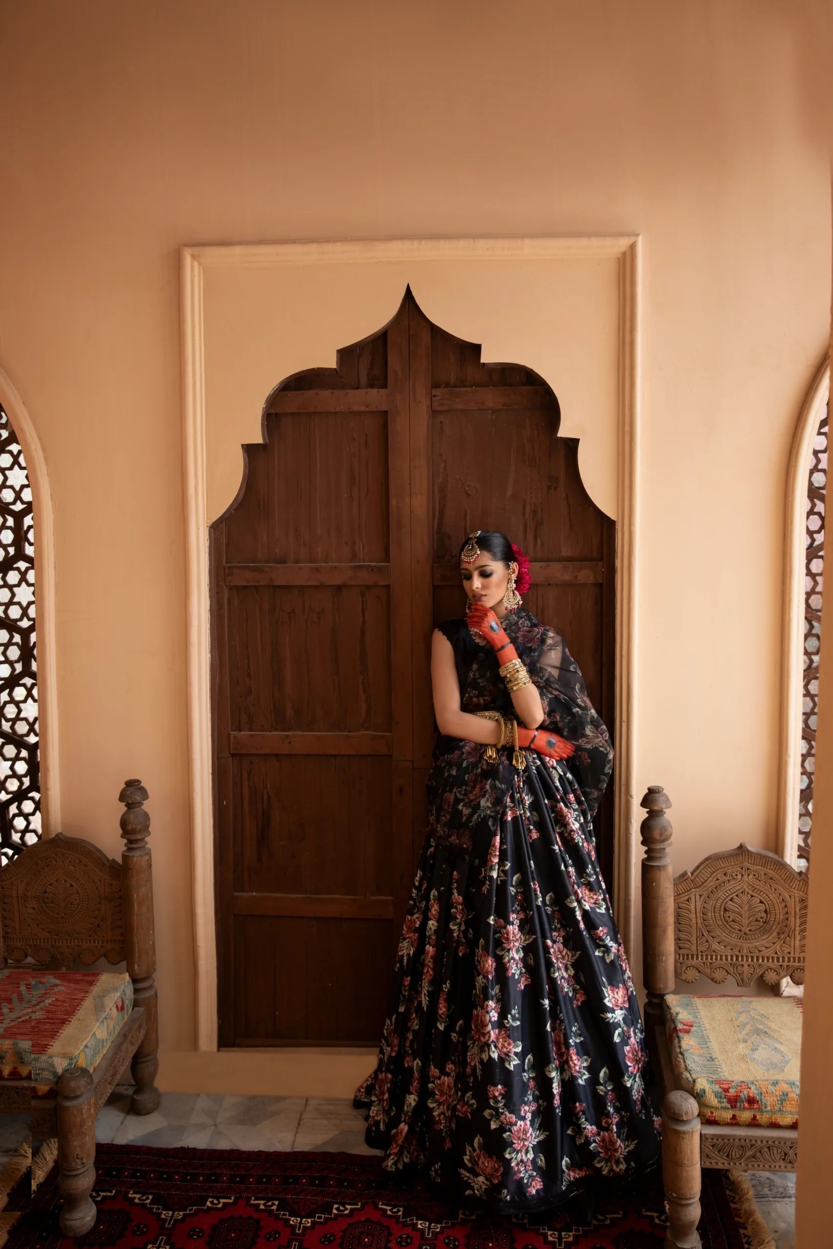 Pakistani Black Floral Printed Satin-Silk Lehenga Gown (3-Piece) - Image 7