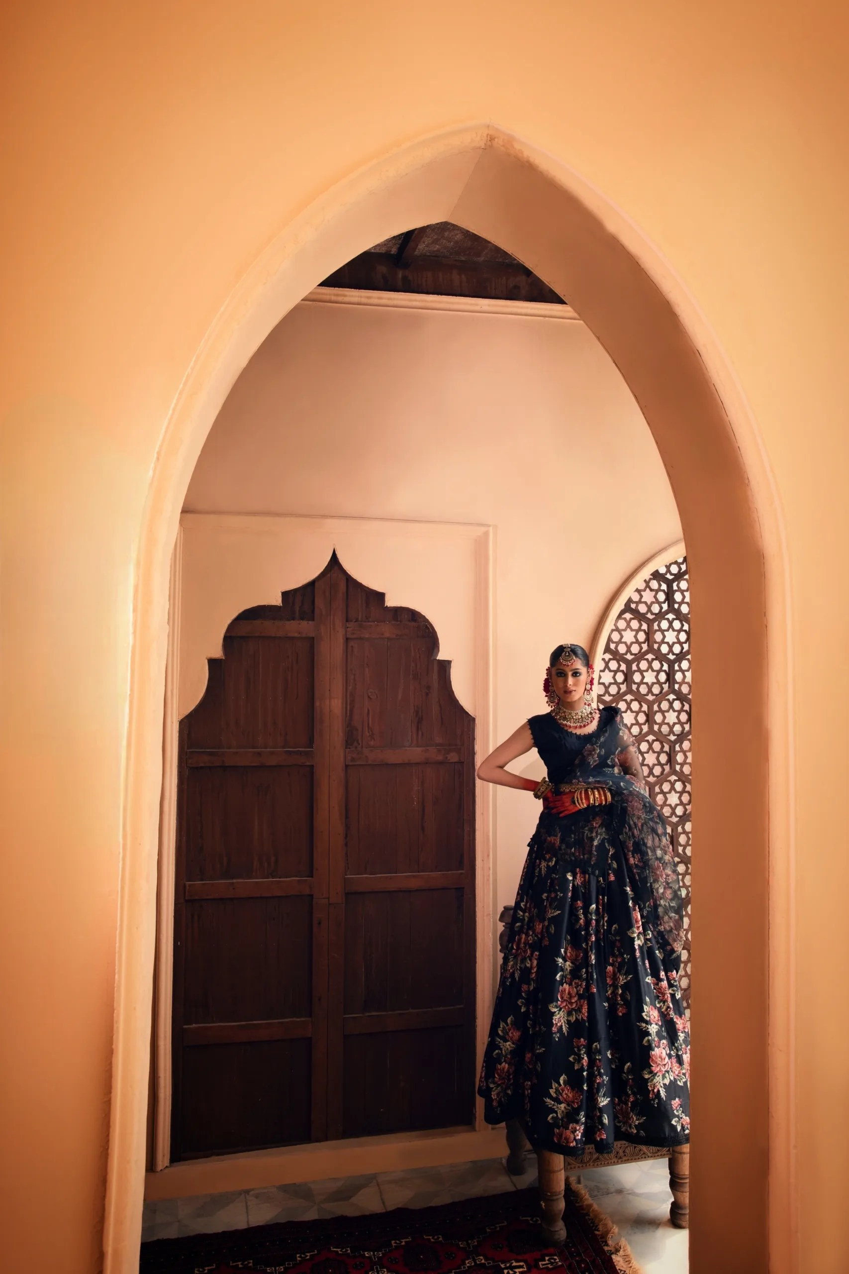 Pakistani Black Floral Printed Satin-Silk Lehenga Gown (3-Piece) - Image 8