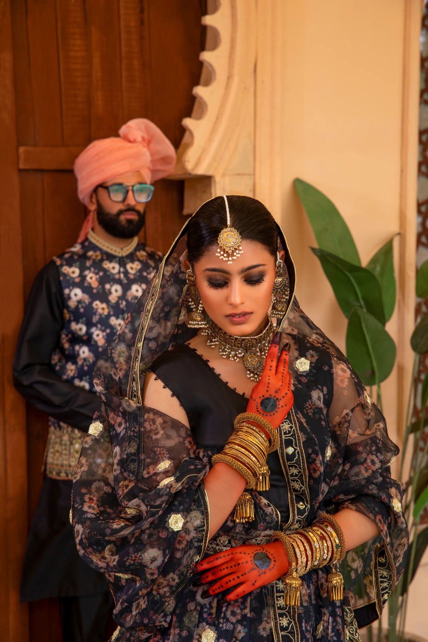 Black Gold Embroidered Silk-Blend Lehenga (3-Piece) - Image 1