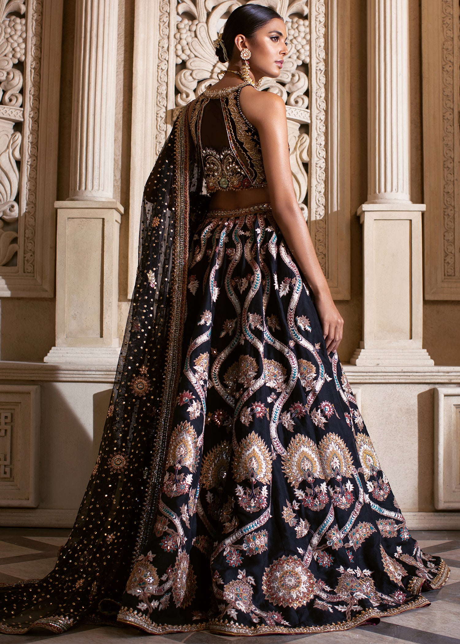 Pakistani Black Embellished Silk Lehenga Choli (3-Piece) - Image 2