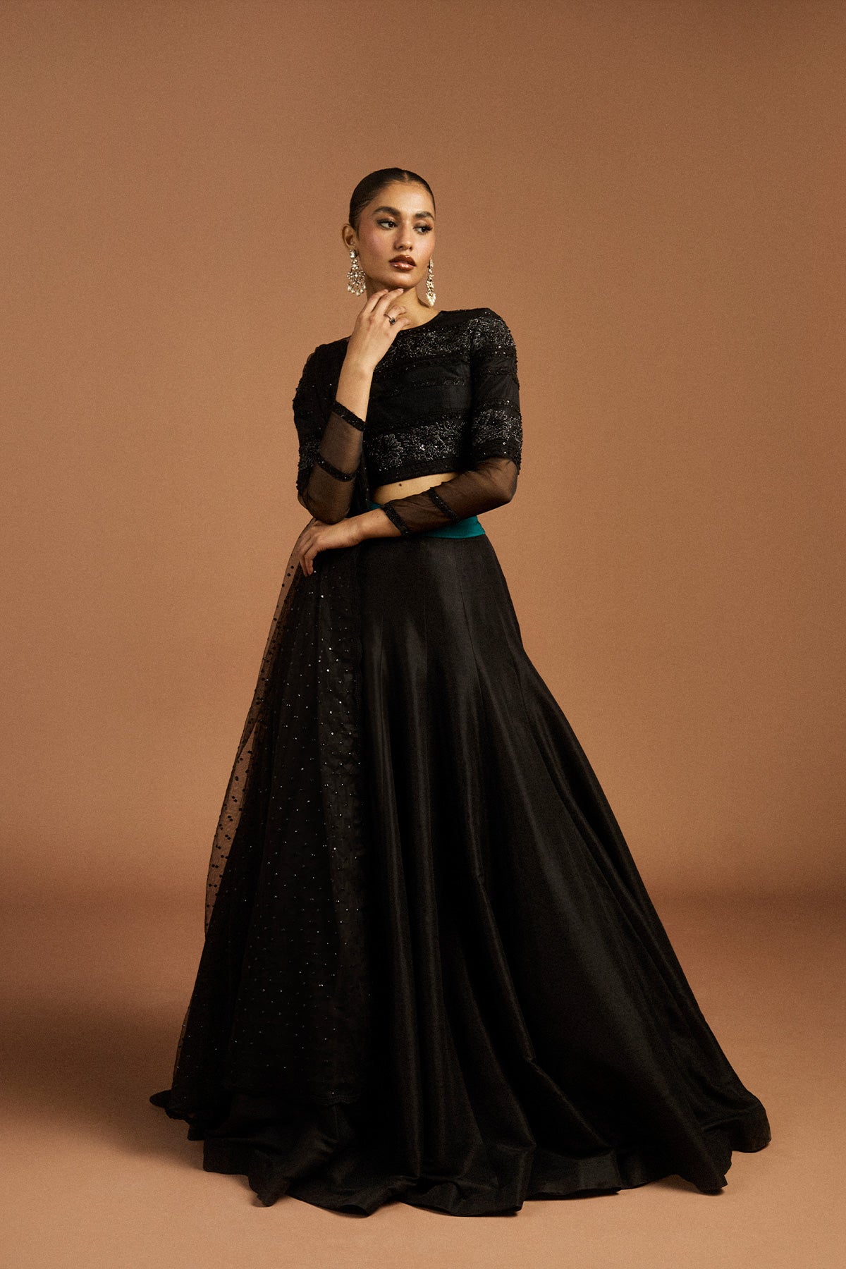 Pakistani Black Embroidered Raw Silk Choli & Silk Katan Lehenga (3-Piece) - Image 1