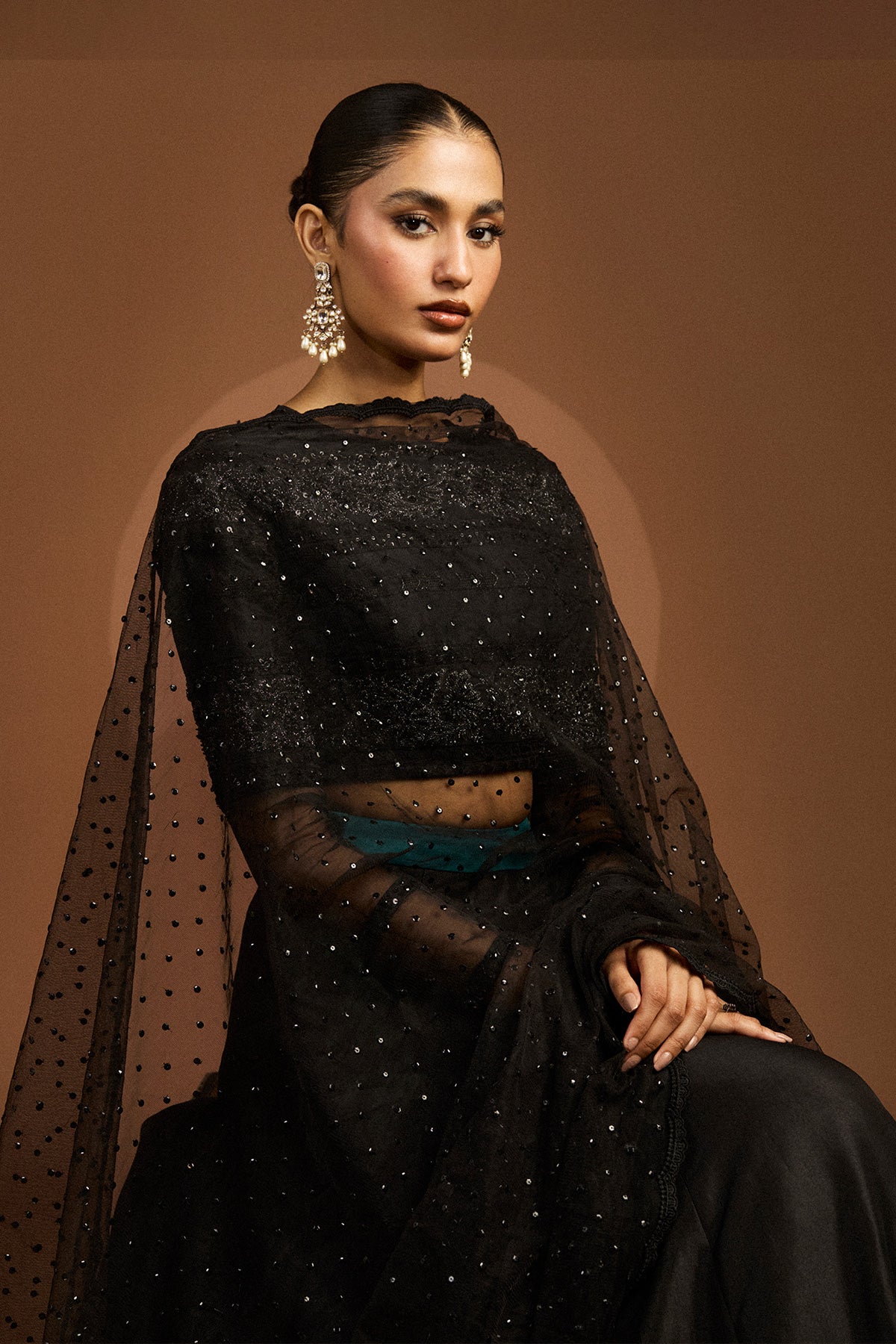 Pakistani Black Embroidered Raw Silk Choli & Silk Katan Lehenga (3-Piece) - Image 2