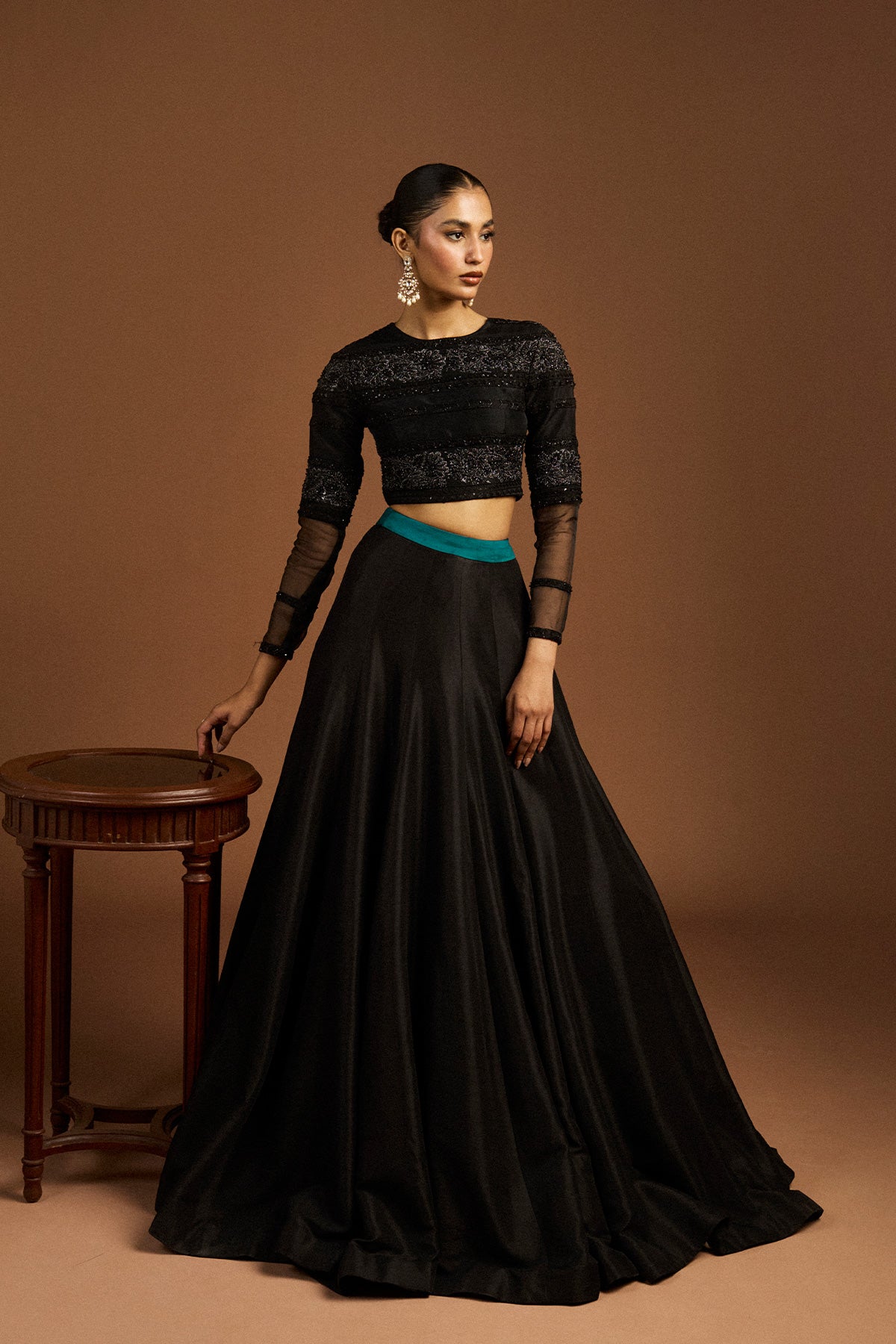 Pakistani Black Embroidered Raw Silk Choli & Silk Katan Lehenga (3-Piece) - Image 4