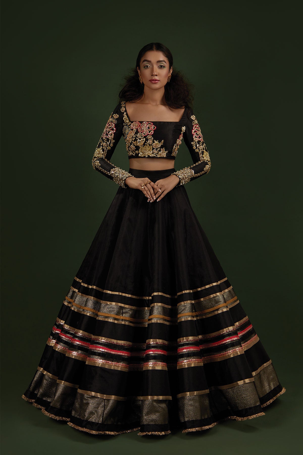 Pakistani Black Zardozi Silk Katan Choli & Organza Lehenga (2-Piece) - Image 1