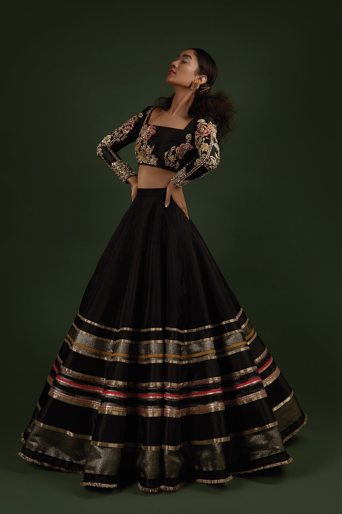 Pakistani Black Zardozi Silk Katan Choli & Organza Lehenga (2-Piece) - Image 2
