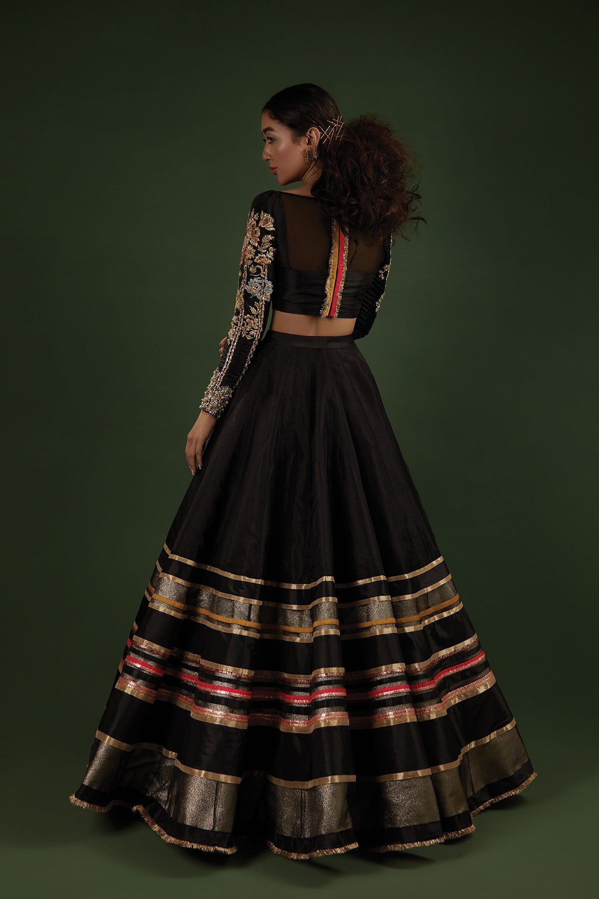 Pakistani Black Zardozi Silk Katan Choli & Organza Lehenga (2-Piece) - Image 3
