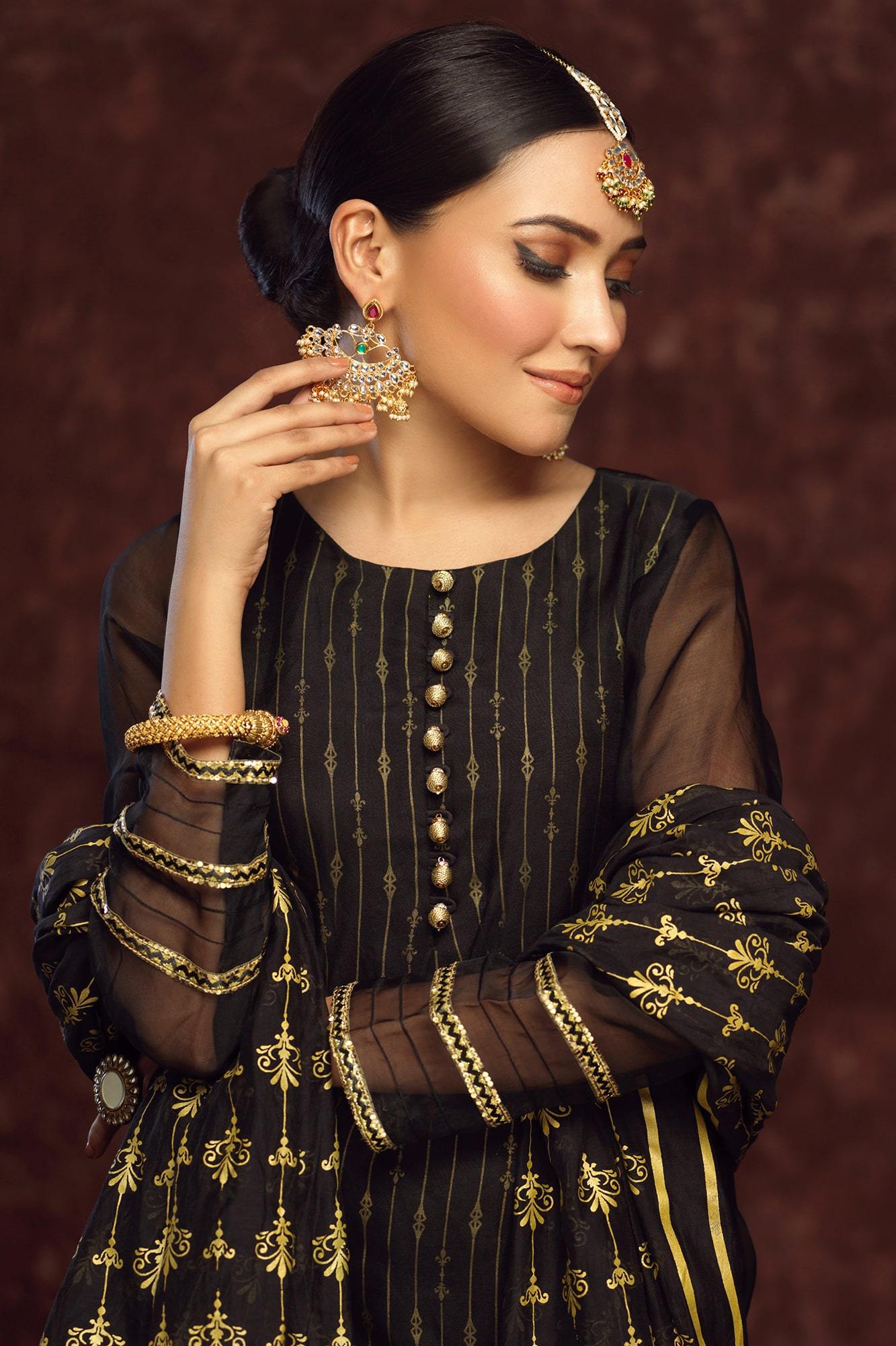 Black Screen-Printed Silk Organza Lehenga (3-Piece) - Image 1