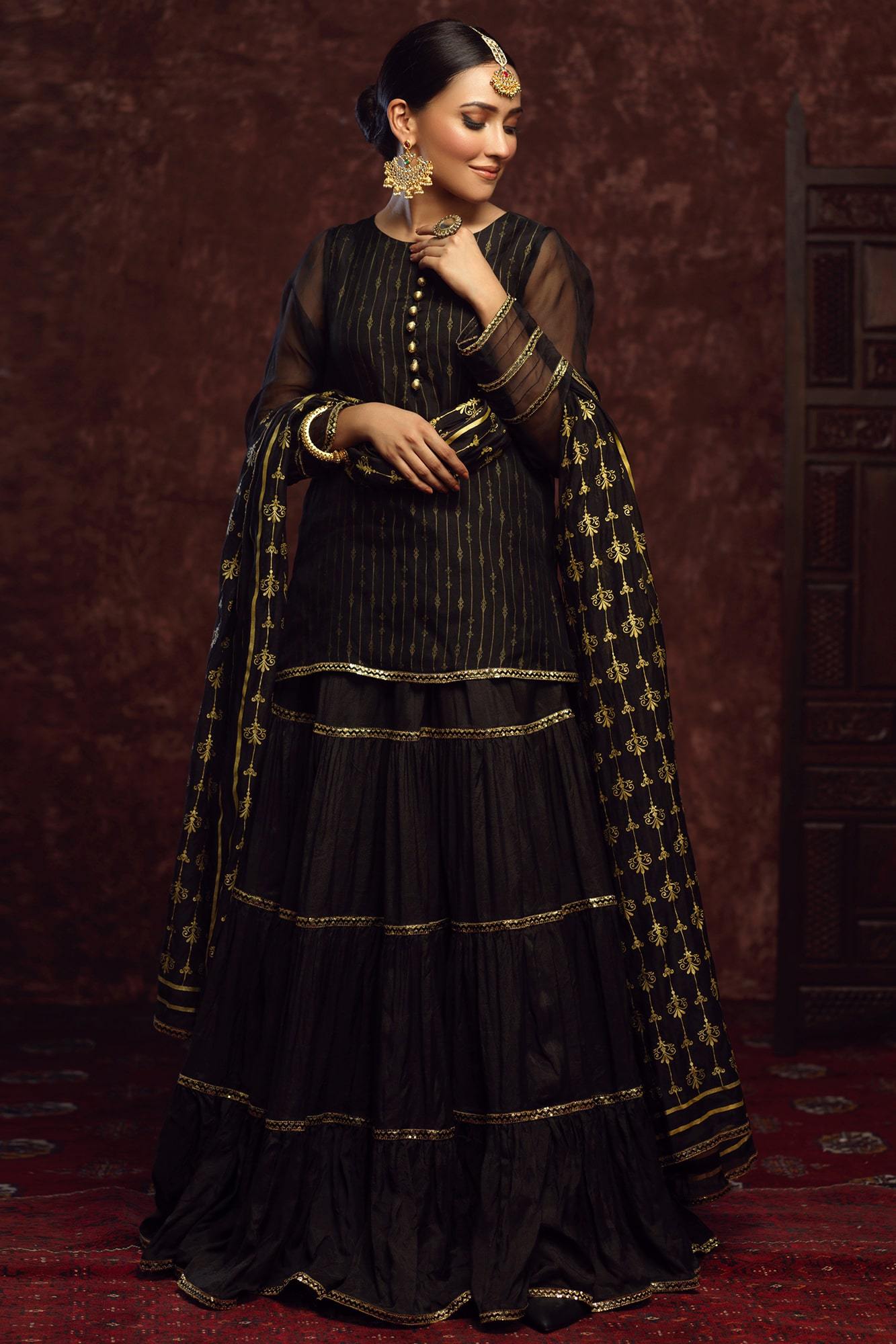 Black Screen-Printed Silk Organza Lehenga (3-Piece) - Image 2