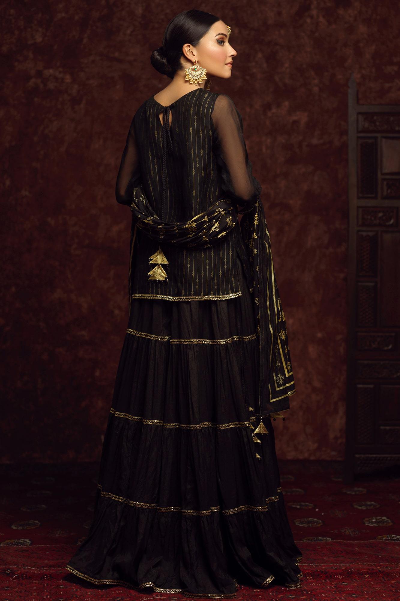 Black Screen-Printed Silk Organza Lehenga (3-Piece) - Image 3
