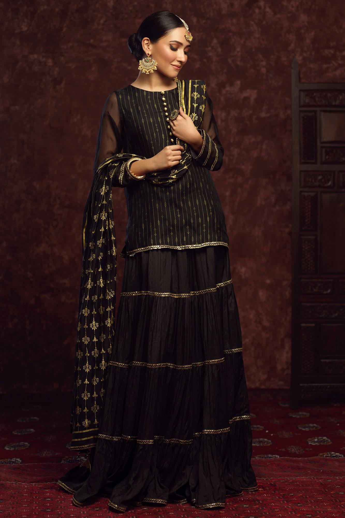 Black Screen-Printed Silk Organza Lehenga (3-Piece) - Image 4