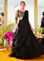 Pakistani Black Sequin & Thread Embroidered Silk Lehnga Saree (3-Piece) - Image 2