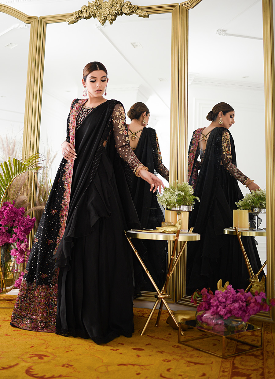 Pakistani Black Sequin & Thread Embroidered Silk Lehnga Saree (3-Piece) - Image 7