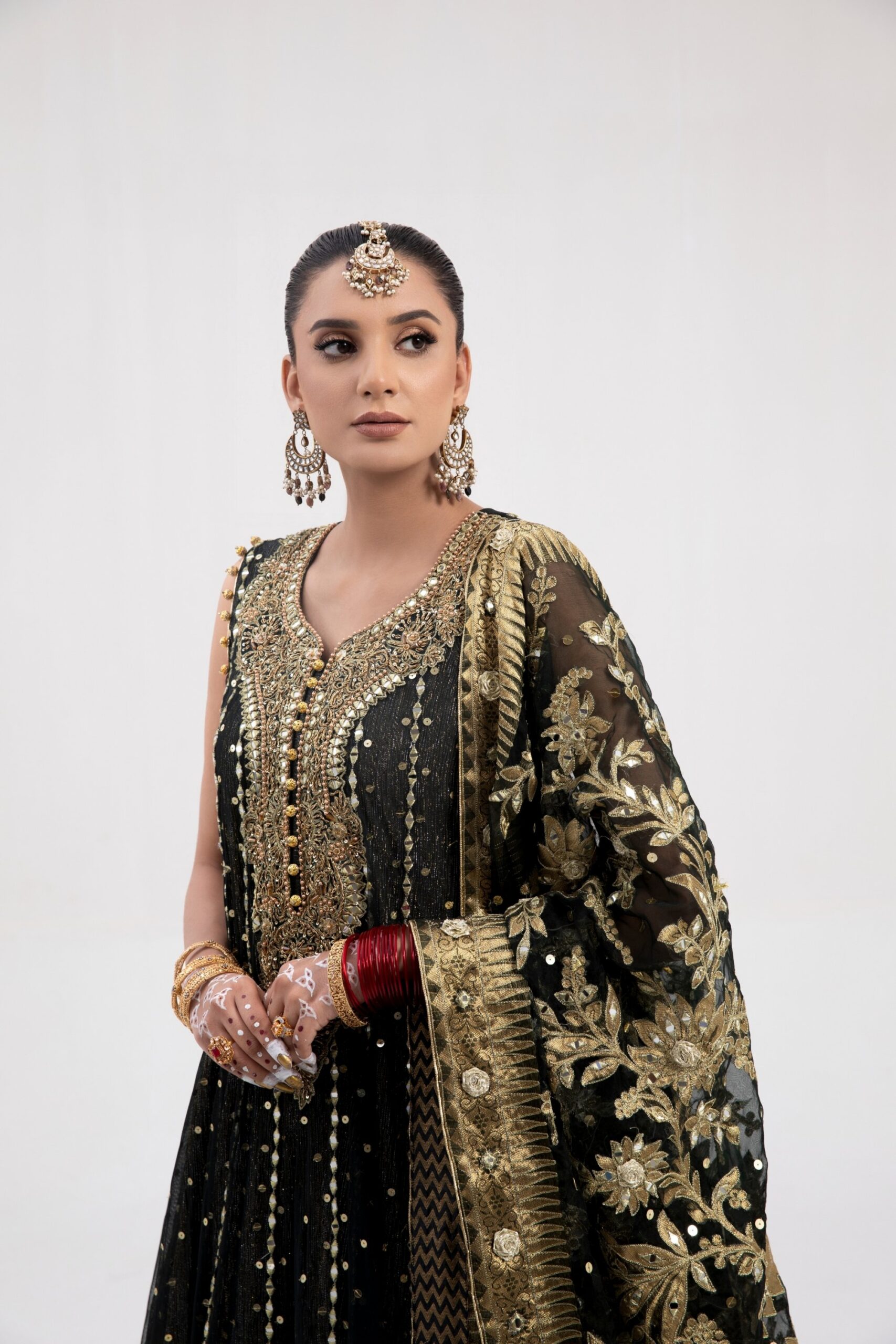 Black and Gold Embroidered Silk Bridal Lehenga (3-Piece) - Image 2
