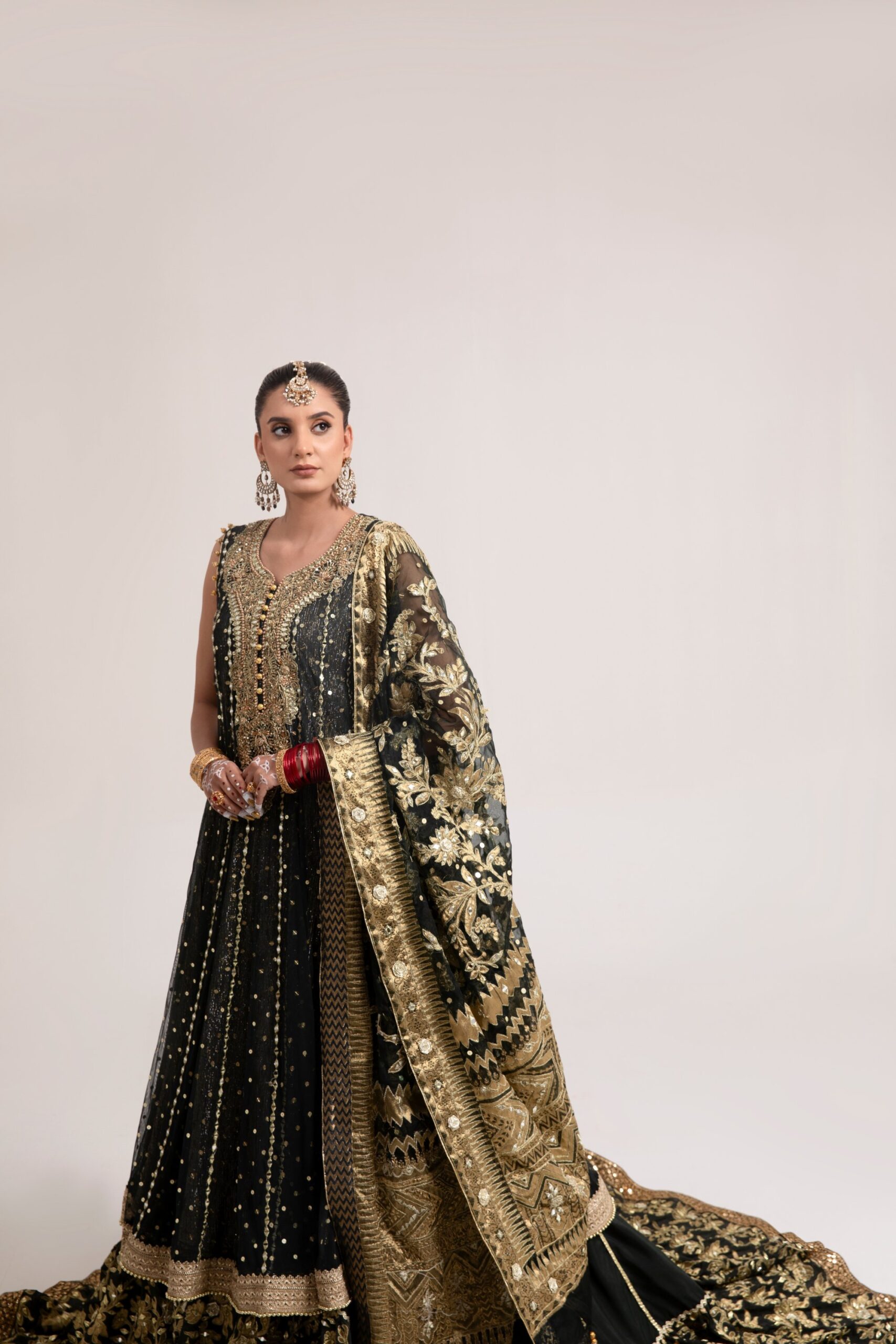 Black and Gold Embroidered Silk Bridal Lehenga (3-Piece) - Image 3