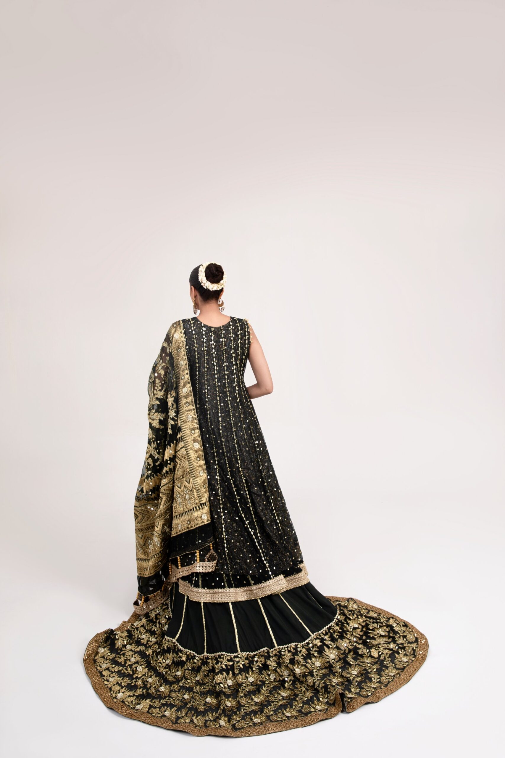 Black and Gold Embroidered Silk Bridal Lehenga (3-Piece) - Image 4