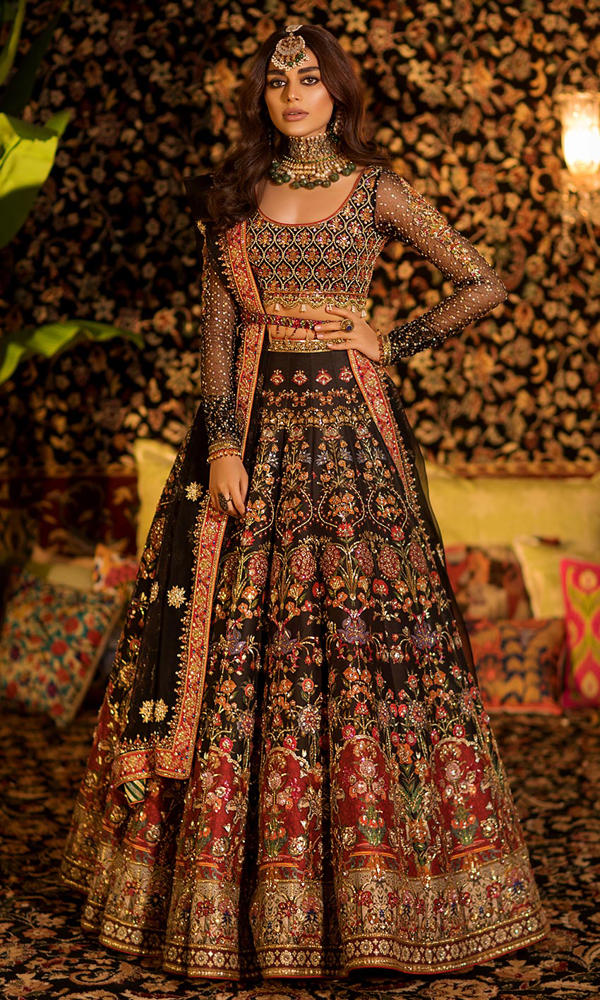 Pakistani Black Embroidered Silk Bridal Lehenga (3-Piece) - Image 2