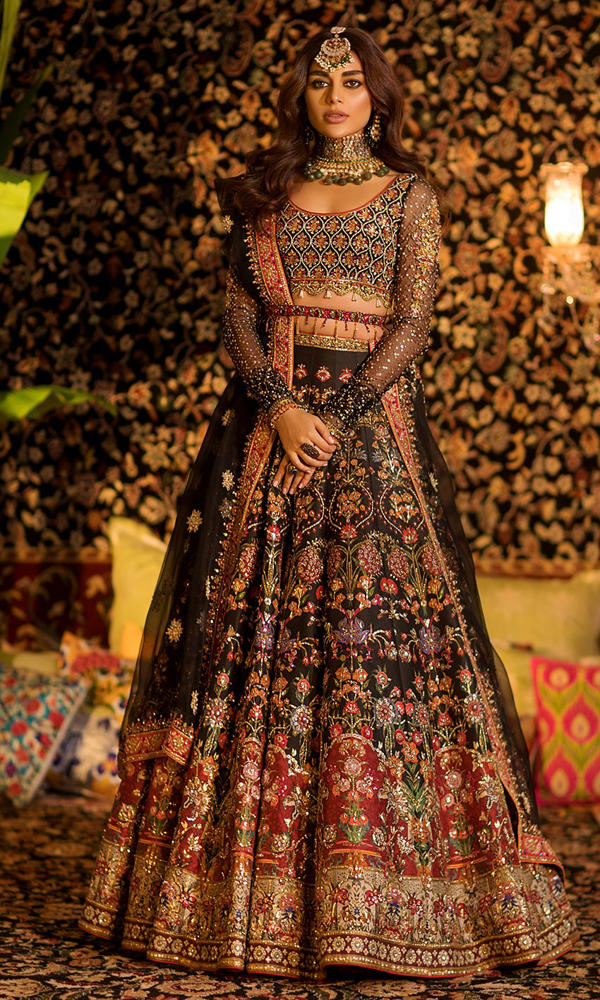 Pakistani Black Embroidered Silk Bridal Lehenga (3-Piece) - Image 3