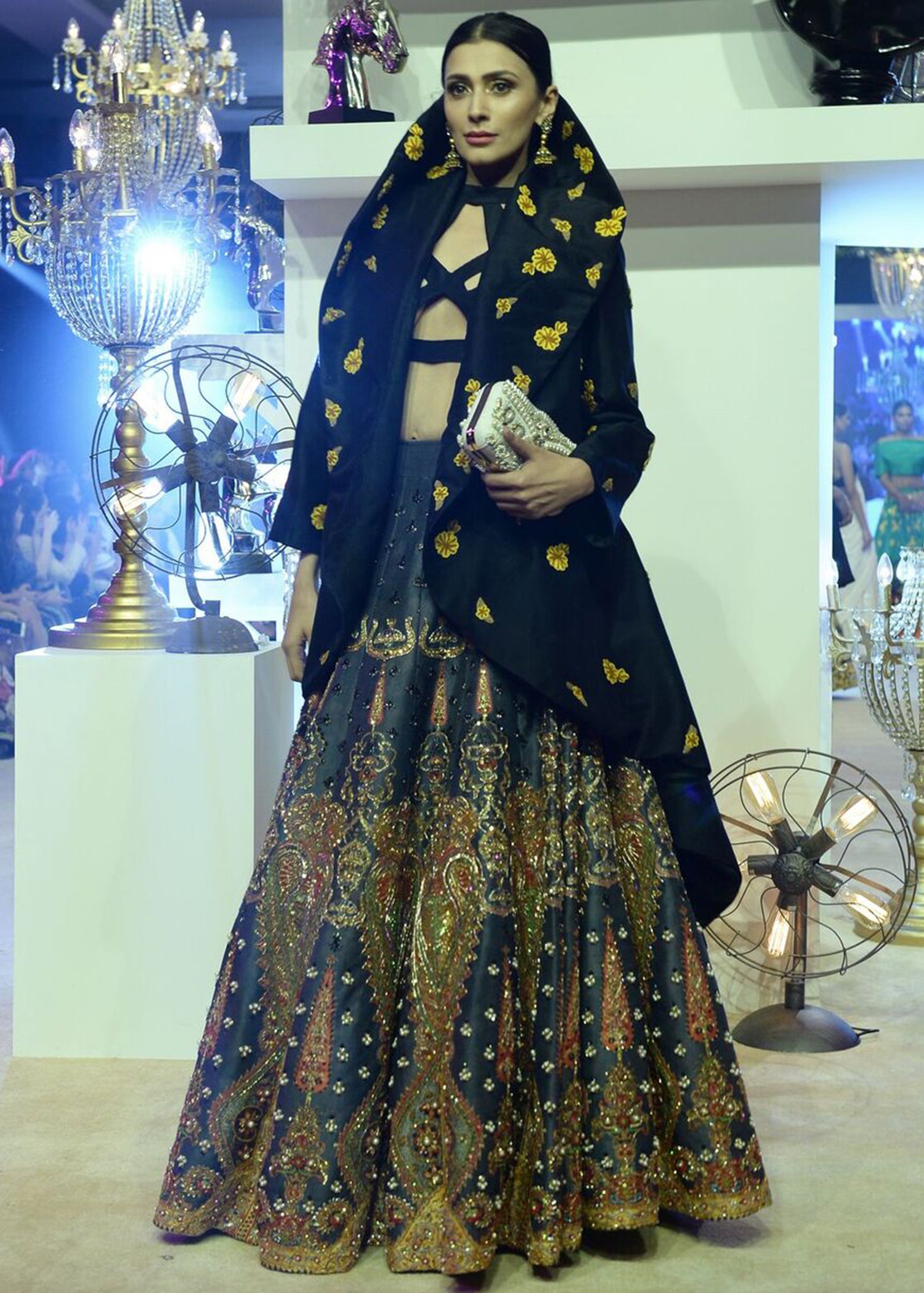 Pakistani Black Embroidered Silk Lehenga (3-Piece) - Image 1