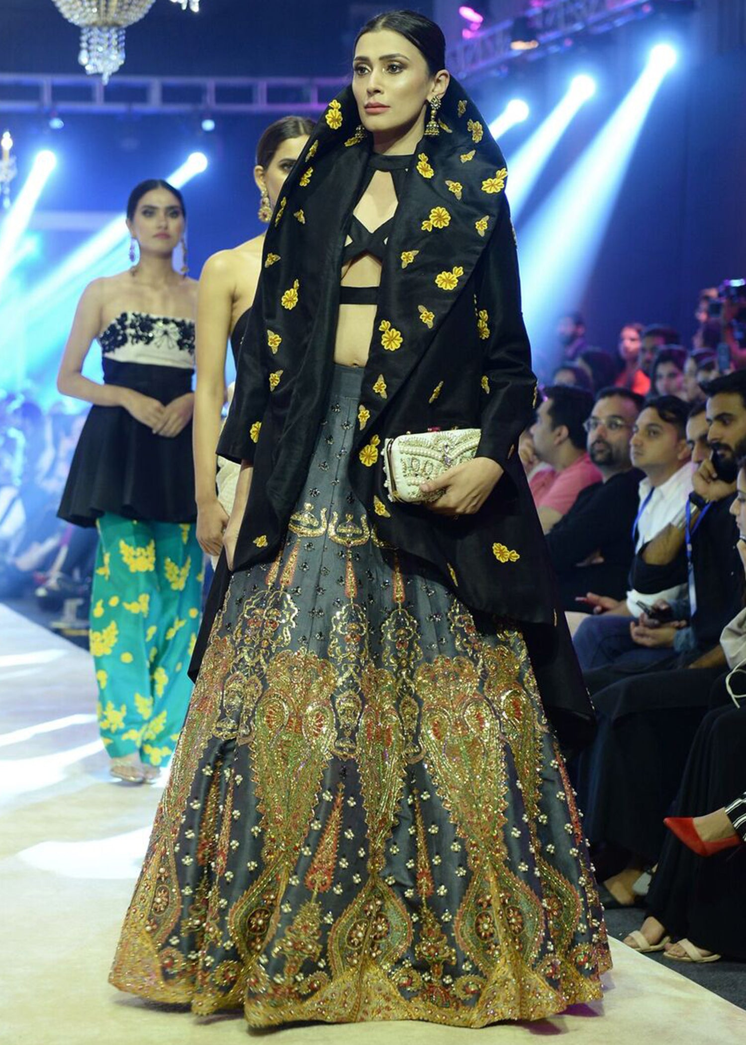Pakistani Black Embroidered Silk Lehenga (3-Piece) - Image 2