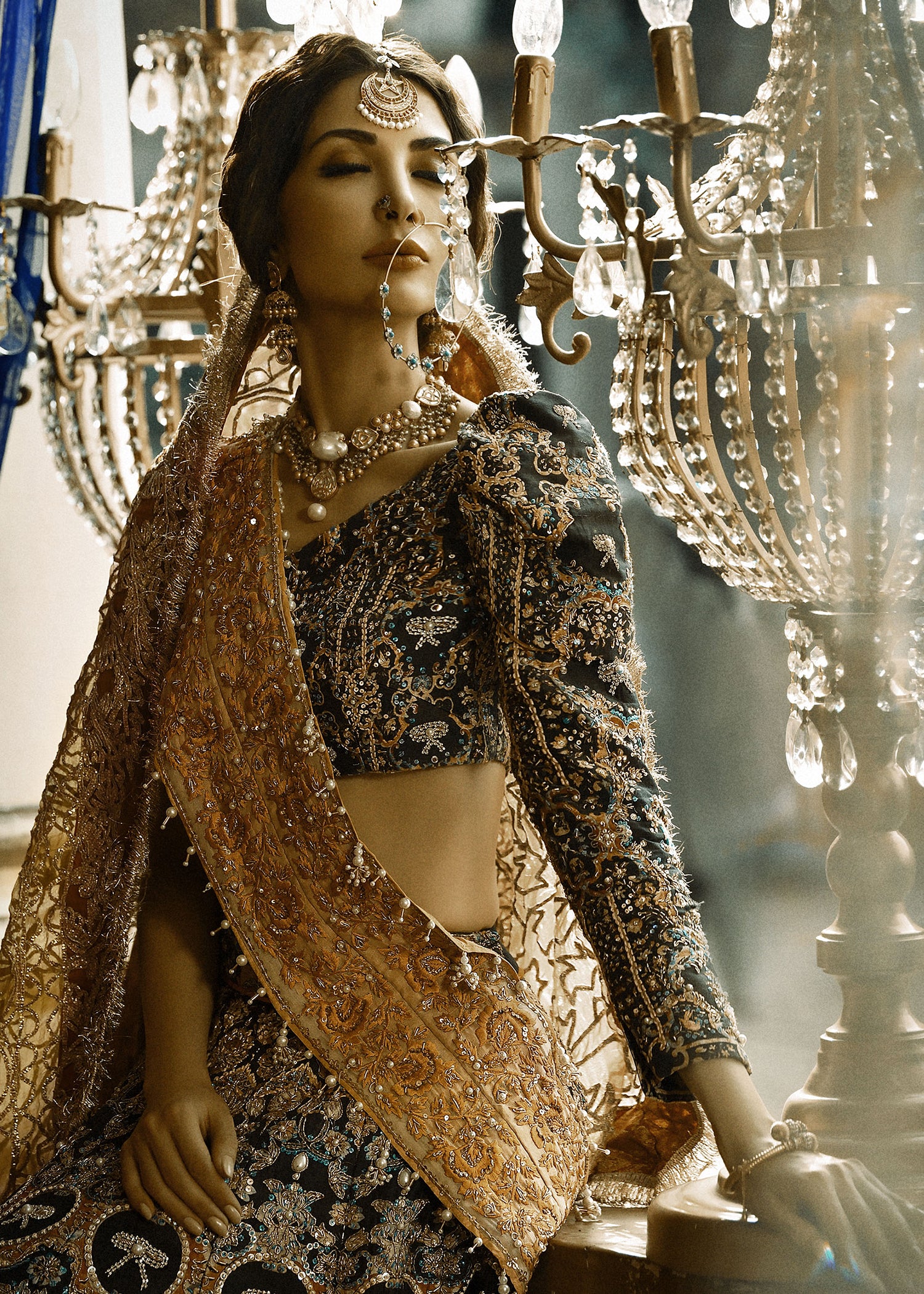 Pakistani Black Zardozi Silk Lehenga Choli (3-Piece) - Image 3