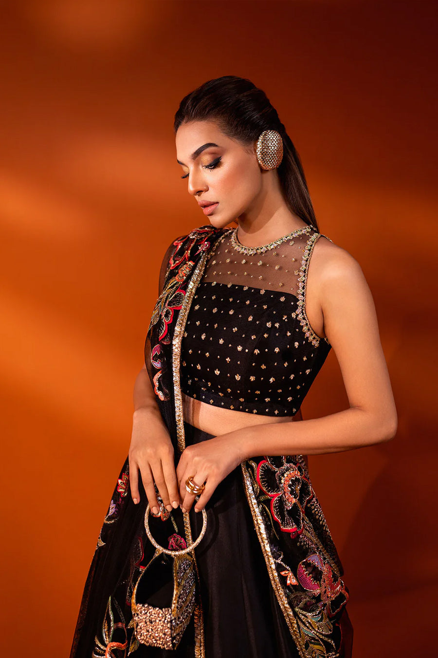 Black Zardozi & Gotta Net Silk Lehenga (3-Piece) - Image 1