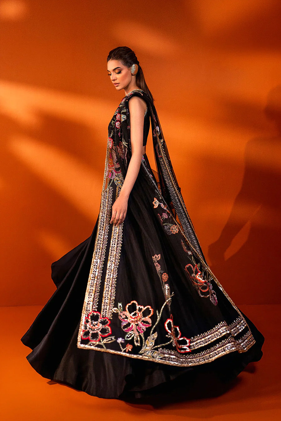 Black Zardozi & Gotta Net Silk Lehenga (3-Piece) - Image 3