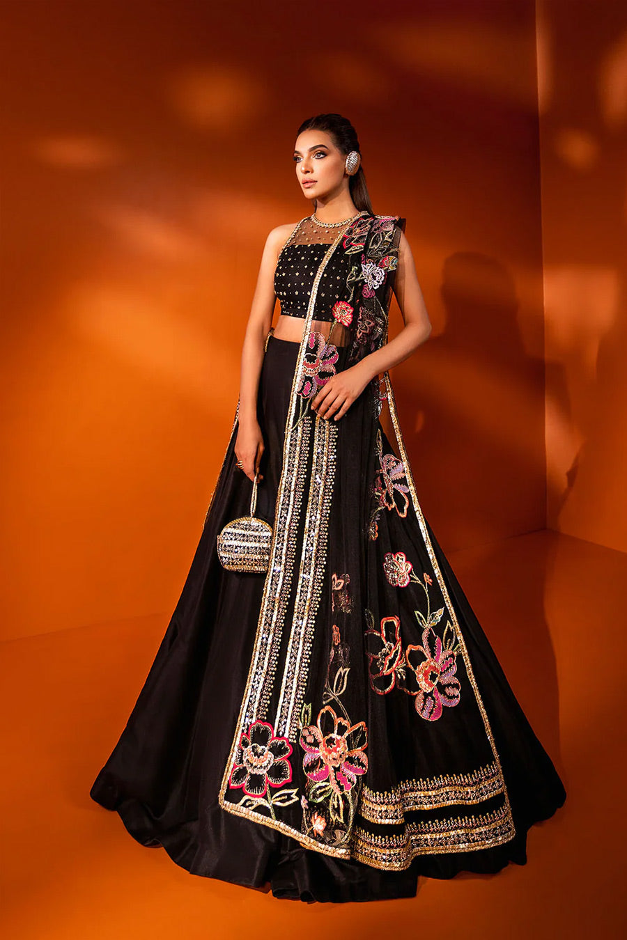 Black Zardozi & Gotta Net Silk Lehenga (3-Piece) - Image 4