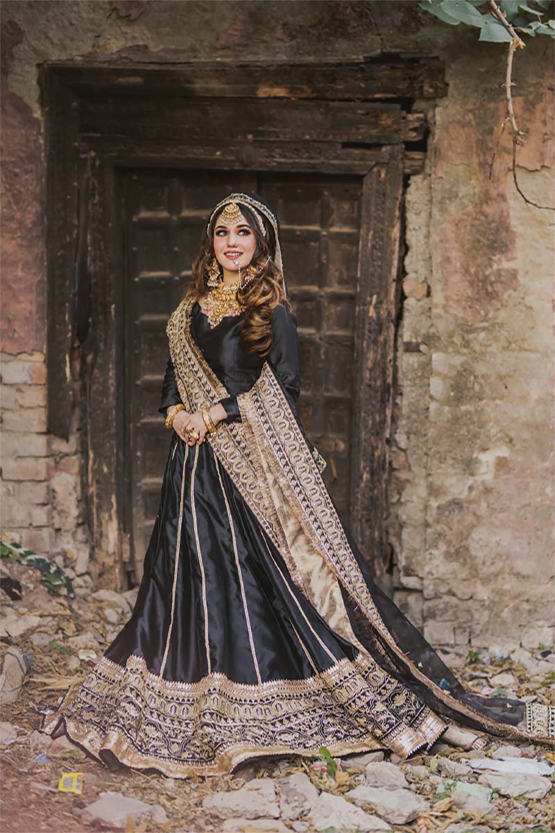 Black Gold Embroidered Silk Lehenga Choli (3-Piece) - Image 1