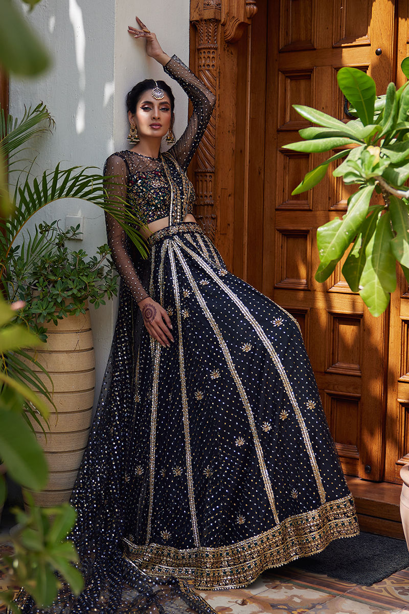 Black Resham & Gota Dabka Soft Net Lehenga Choli (3-Piece) - Image 1