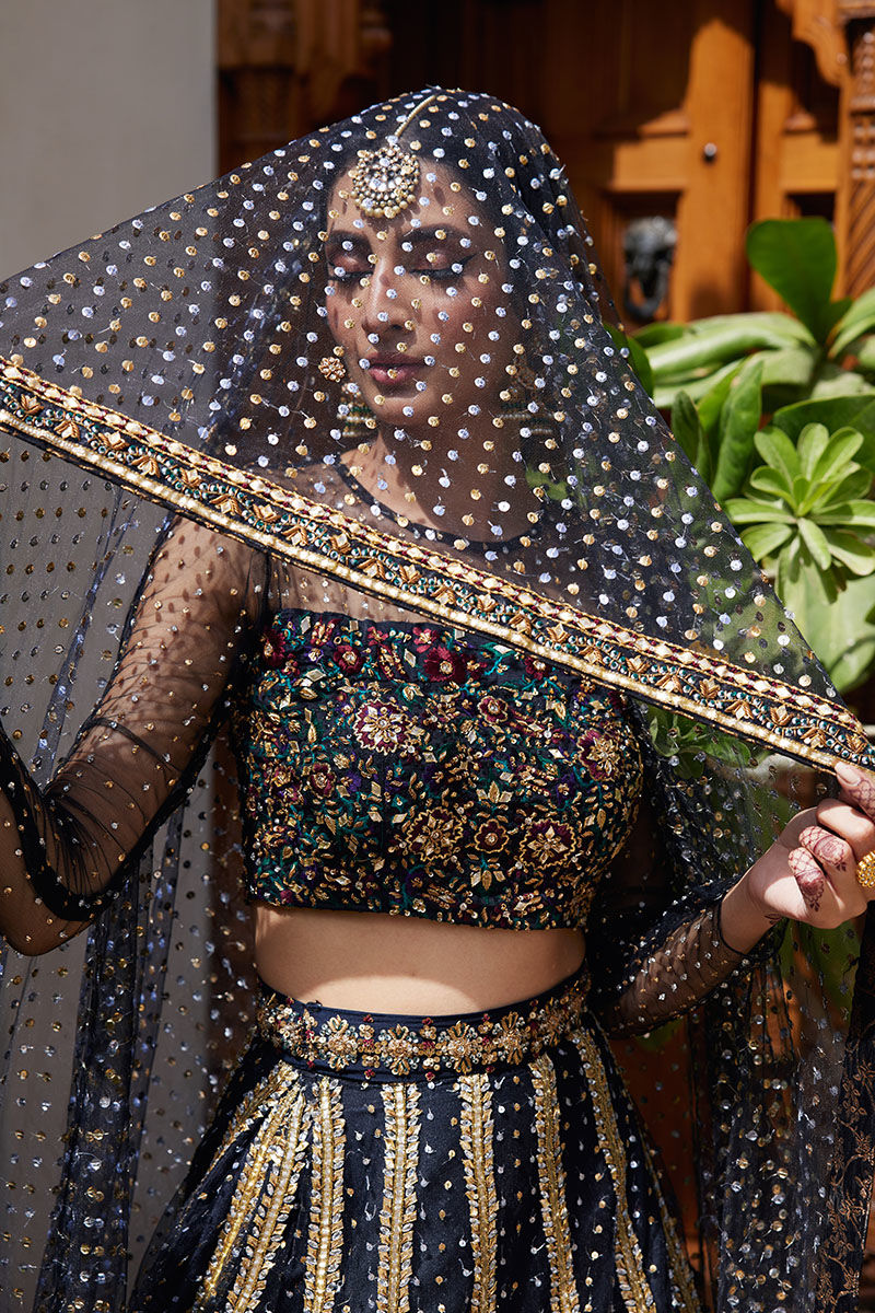 Black Resham & Gota Dabka Soft Net Lehenga Choli (3-Piece) - Image 2