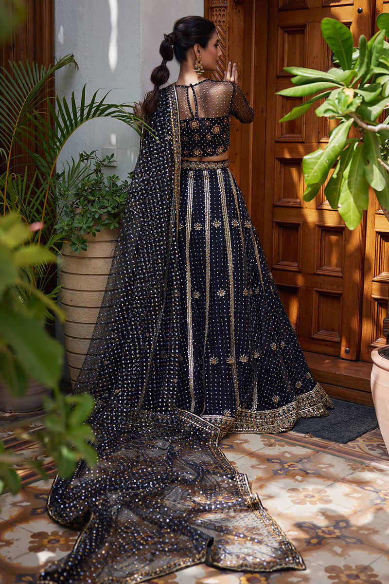 Black Resham & Gota Dabka Soft Net Lehenga Choli (3-Piece) - Image 3