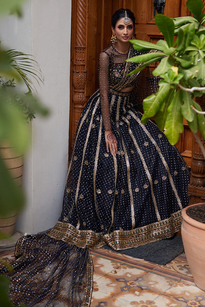 Black Resham & Gota Dabka Soft Net Lehenga Choli (3-Piece) - Image 4