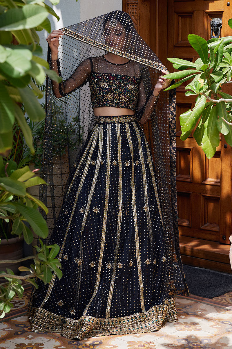 Black Resham & Gota Dabka Soft Net Lehenga Choli (3-Piece) - Image 5
