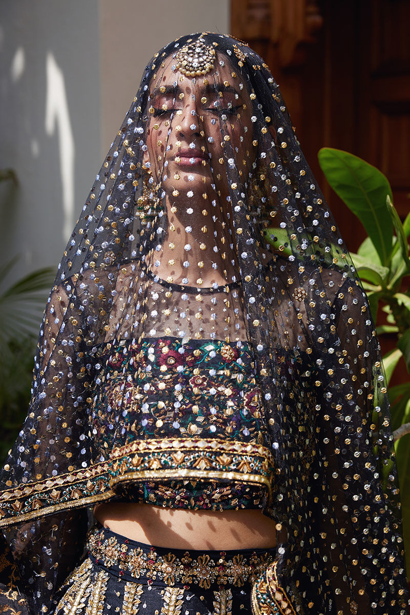 Black Resham & Gota Dabka Soft Net Lehenga Choli (3-Piece) - Image 6