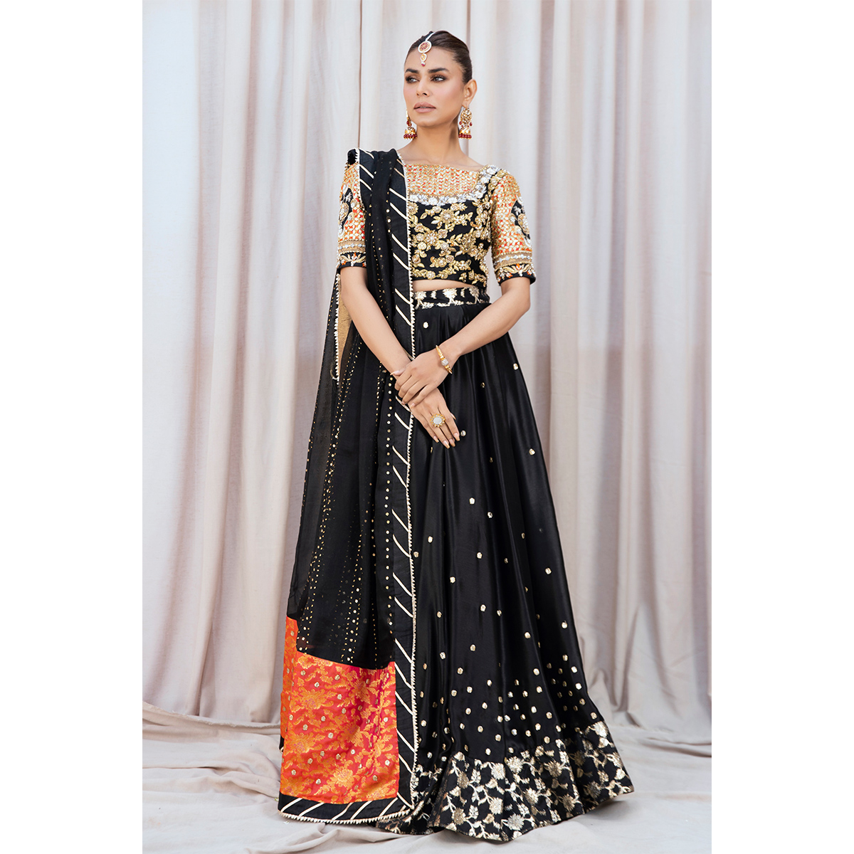 Pakistani Black Gangajamni Tissue Silk Lehnga Choli (3-Piece) - Image 1